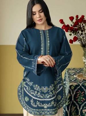 Blue embroidered roman silk semi-stitched palazzo style salwar suit 2