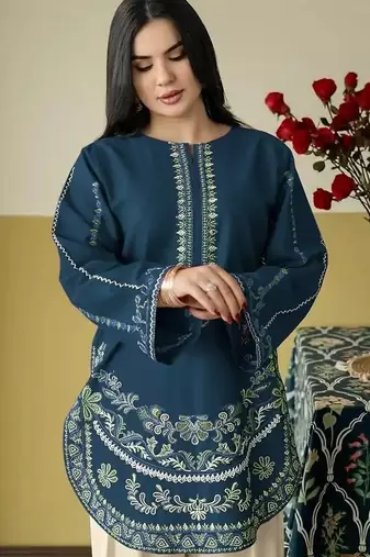 Blue embroidered roman silk semi-stitched palazzo style salwar suit
