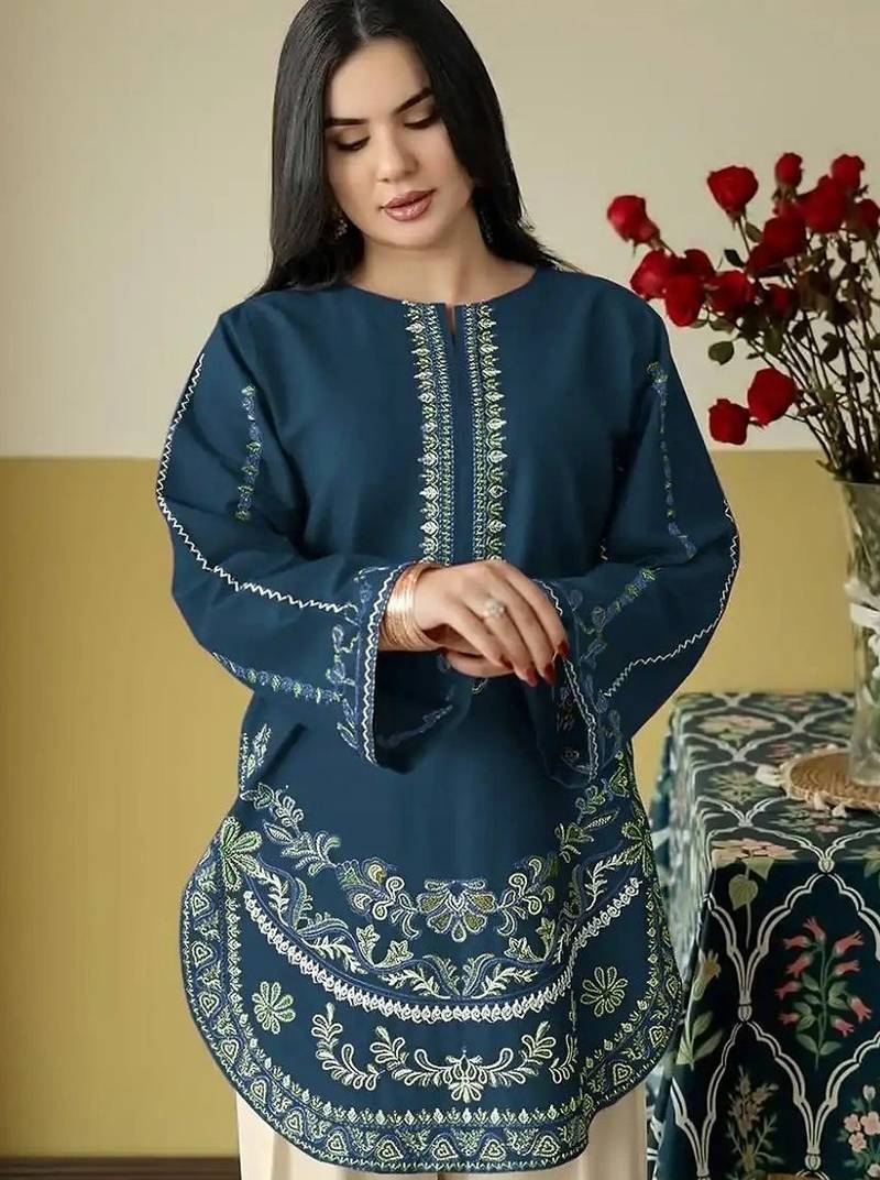 Blue embroidered roman silk semi-stitched palazzo style salwar suit