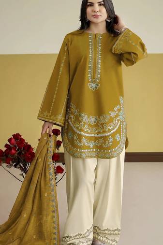 Yellow embroidered roman silk semi-stitched palazzo style salwar suit