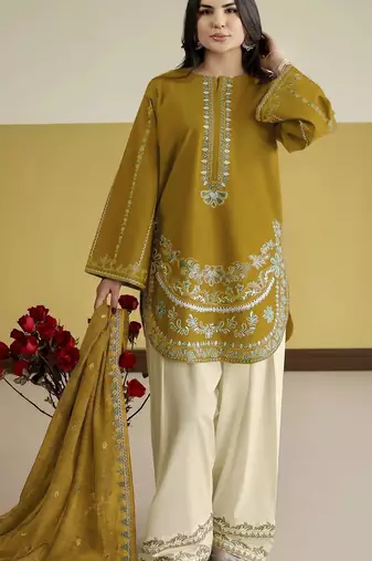 Yellow embroidered roman silk semi-stitched palazzo style salwar suit