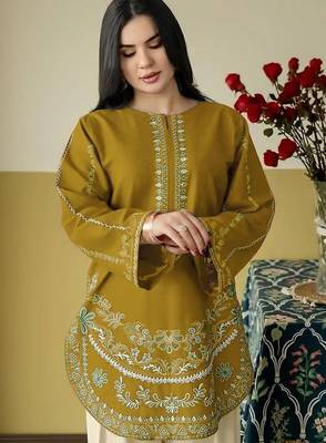 Yellow embroidered roman silk semi-stitched palazzo style salwar suit 2