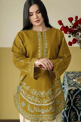 Yellow embroidered roman silk semi-stitched palazzo style salwar suit