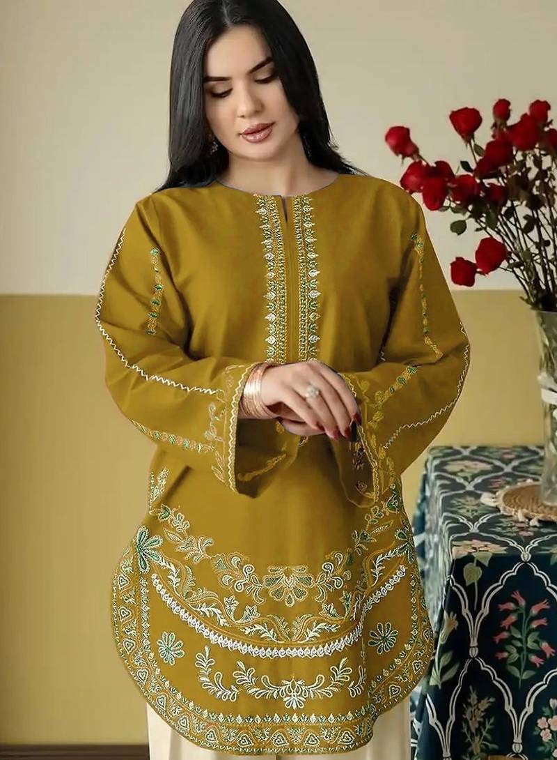 Yellow embroidered roman silk semi-stitched palazzo style salwar suit