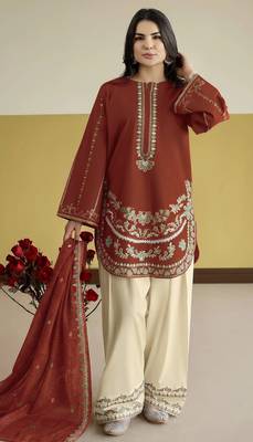 Rust embroidered roman silk semi-stitched palazzo style salwar suit 1