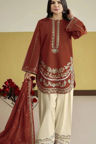 Rust embroidered roman silk semi-stitched palazzo style salwar suit
