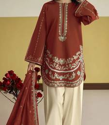 Rust embroidered roman silk semi-stitched palazzo style salwar suit