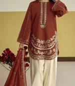 Rust embroidered roman silk semi-stitched palazzo style salwar suit