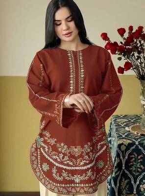 Rust embroidered roman silk semi-stitched palazzo style salwar suit 2
