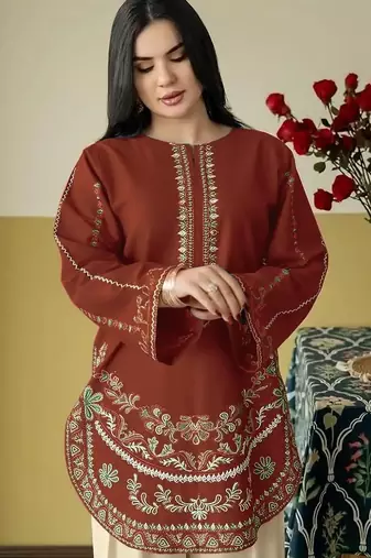 Rust embroidered roman silk semi-stitched palazzo style salwar suit
