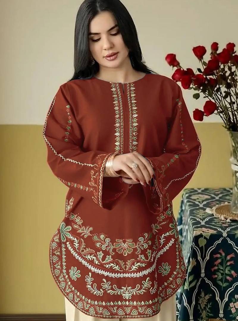 Rust embroidered roman silk semi-stitched palazzo style salwar suit