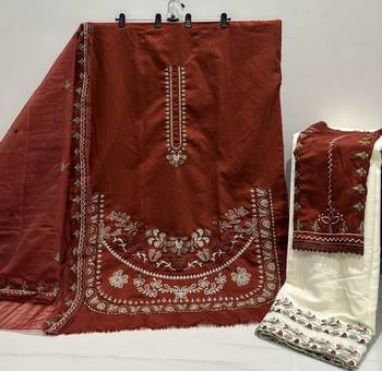 Rust embroidered roman silk semi-stitched palazzo style salwar suit 3