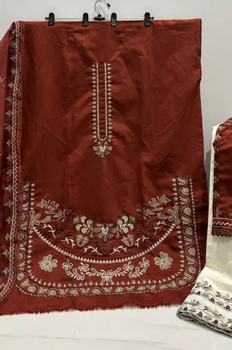 Rust embroidered roman silk semi-stitched palazzo style salwar suit