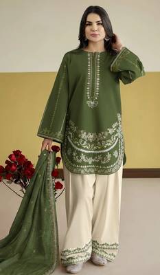 Green embroidered roman silk semi-stitched palazzo style salwar suit 1