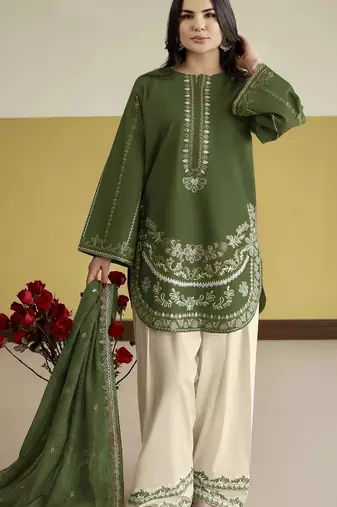 Green embroidered roman silk semi-stitched palazzo style salwar suit
