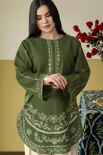 Green embroidered roman silk semi-stitched palazzo style salwar suit