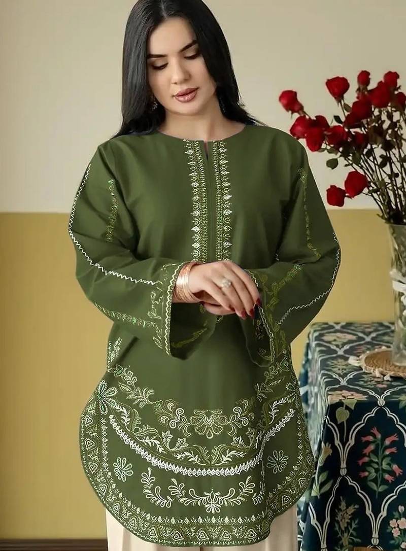 Green embroidered roman silk semi-stitched palazzo style salwar suit