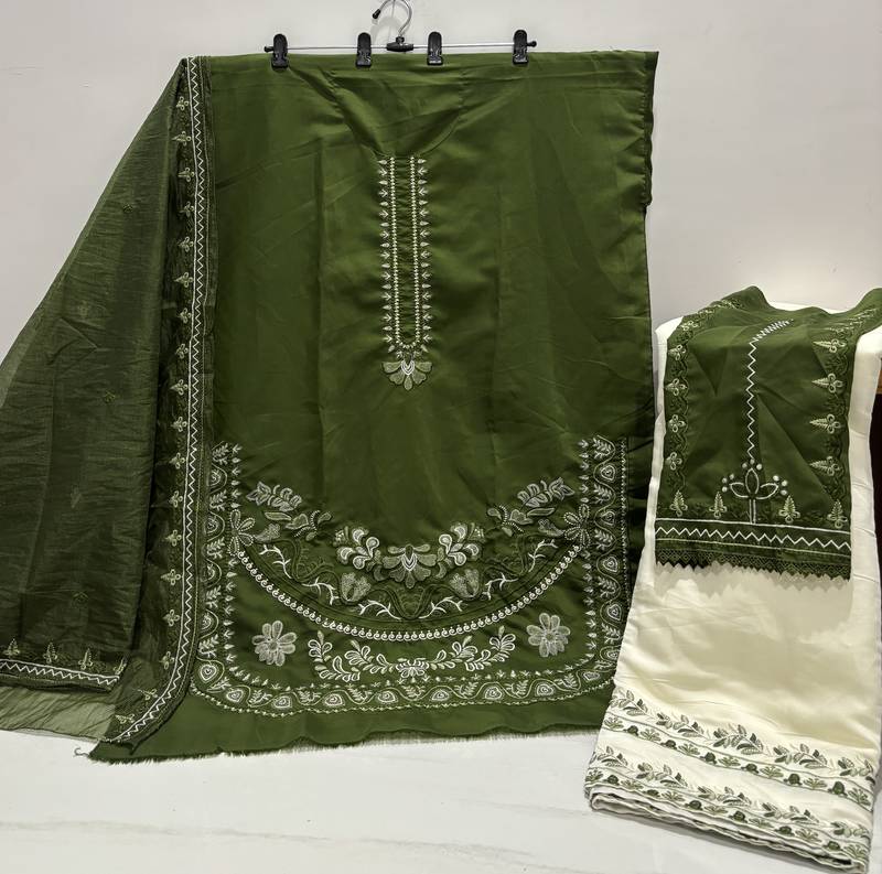 Green embroidered roman silk semi-stitched palazzo style salwar suit