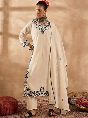 Women Ethnic Motifs Embroidered Regular Thread Work Pure Cotton Kurta with Trousers & With Dupatta 1