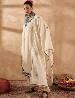 Women Ethnic Motifs Embroidered Regular Thread Work Pure Cotton Kurta with Trousers & With Dupatta 5