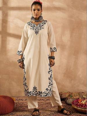 Women Ethnic Motifs Embroidered Regular Thread Work Pure Cotton Kurta with Trousers & With Dupatta 7