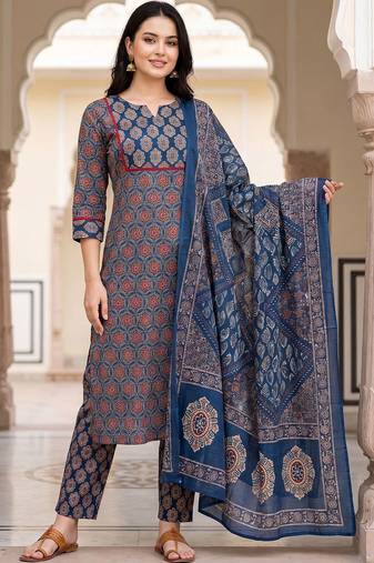 Women Ethnic Motifs Printed Regular Pure Cotton Kurta with Trousers & With Dupatta