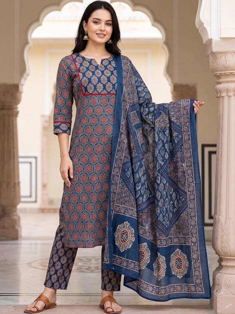 Women Ethnic Motifs Printed Regular Pure Cotton Kurta with Trousers & With Dupatta