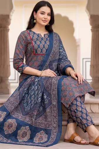 Women Ethnic Motifs Printed Regular Pure Cotton Kurta with Trousers & With Dupatta