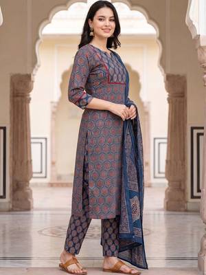 Women Ethnic Motifs Printed Regular Pure Cotton Kurta with Trousers & With Dupatta 4