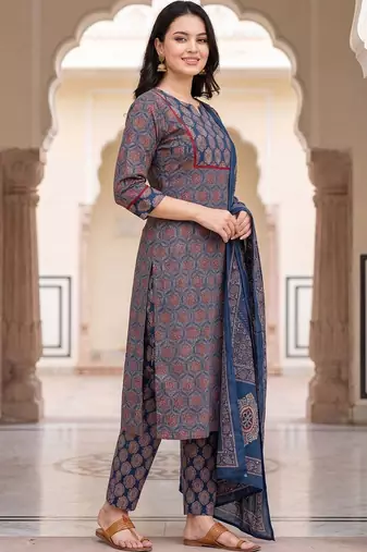 Women Ethnic Motifs Printed Regular Pure Cotton Kurta with Trousers & With Dupatta