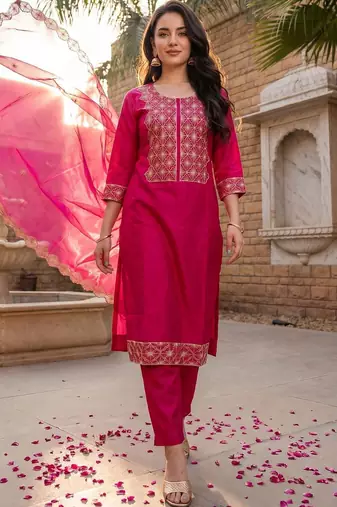 Women Ethnic Motifs Embroidered Regular Kurta with Trousers & With Dupatta