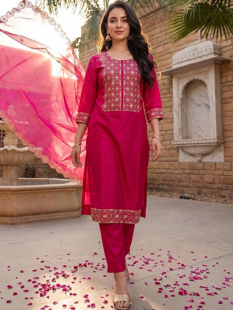 Women Ethnic Motifs Embroidered Regular Kurta with Trousers & With Dupatta