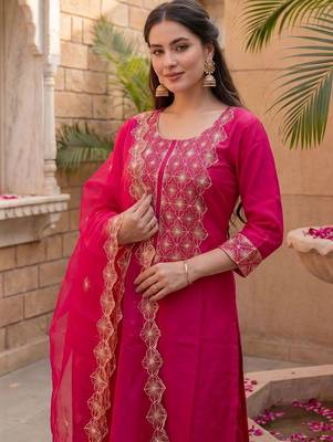 Women Ethnic Motifs Embroidered Regular Kurta with Trousers & With Dupatta 2