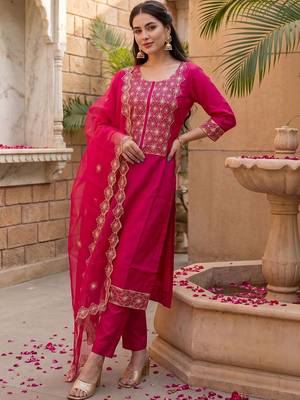 Women Ethnic Motifs Embroidered Regular Kurta with Trousers & With Dupatta 6
