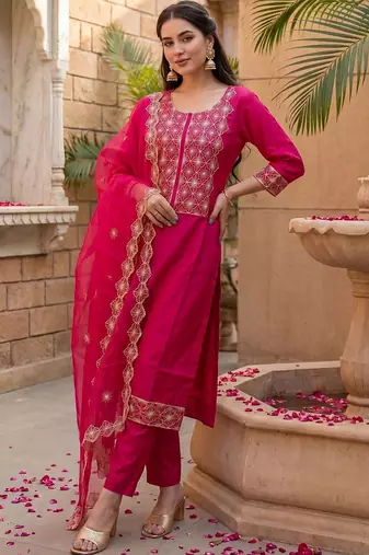 Women Ethnic Motifs Embroidered Regular Kurta with Trousers & With Dupatta