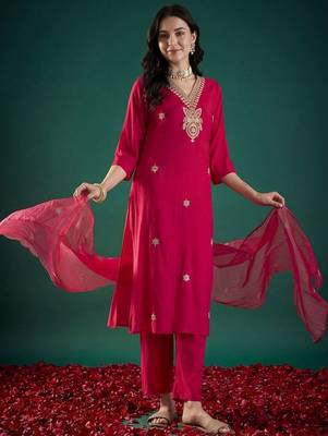 Women Ethnic Motifs Embroidered Regular Thread Work Kurta with Trousers & With Dupatta 6