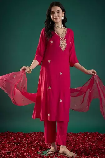 Women Ethnic Motifs Embroidered Regular Thread Work Kurta with Trousers & With Dupatta