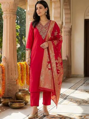Women Ethnic Motifs Embroidered Regular Thread Work Kurta with Trousers & With Dupatta 1