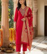Women Ethnic Motifs Embroidered Regular Thread Work Kurta with Trousers & With Dupatta