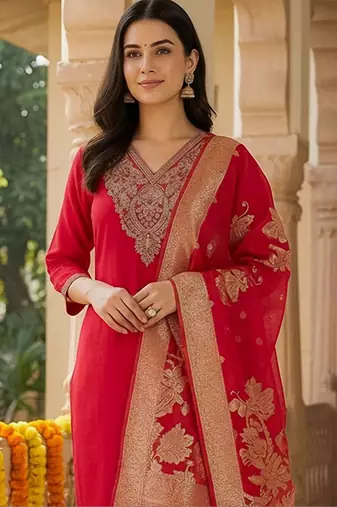 Women Ethnic Motifs Embroidered Regular Thread Work Kurta with Trousers & With Dupatta