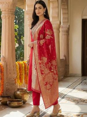 Women Ethnic Motifs Embroidered Regular Thread Work Kurta with Trousers & With Dupatta 3