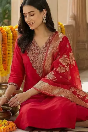 Women Ethnic Motifs Embroidered Regular Thread Work Kurta with Trousers & With Dupatta