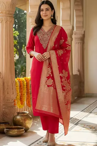 Women Ethnic Motifs Embroidered Regular Thread Work Kurta with Trousers & With Dupatta