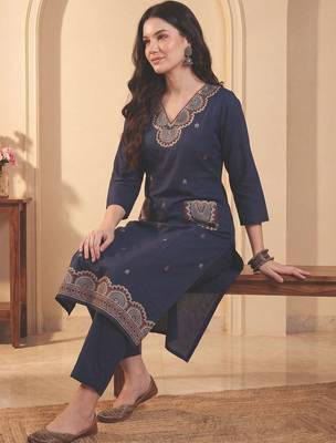 Women Ethnic Motifs Embroidered Regular Thread Work Pure Cotton Kurta with Trousers 5