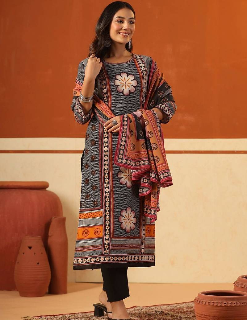 Women Ethnic Motifs Printed Regular Pure Cotton Kurta with Trousers & With Dupatta