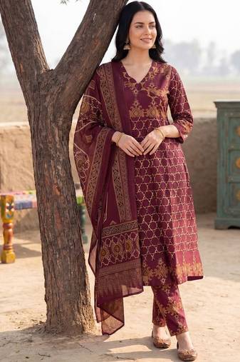 Women Ethnic Motifs Printed Regular Pure Cotton Kurta with Trousers & With Dupatta
