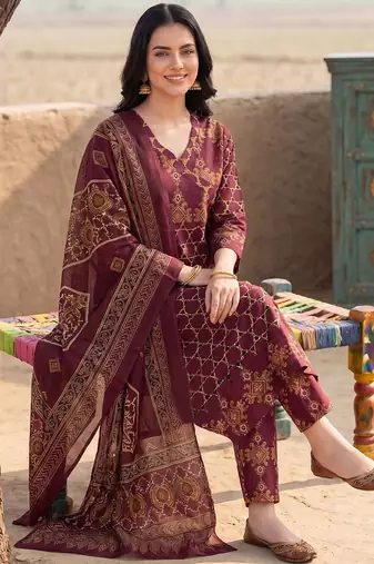 Women Ethnic Motifs Printed Regular Pure Cotton Kurta with Trousers & With Dupatta