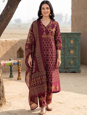 Women Ethnic Motifs Printed Regular Pure Cotton Kurta with Trousers & With Dupatta 6