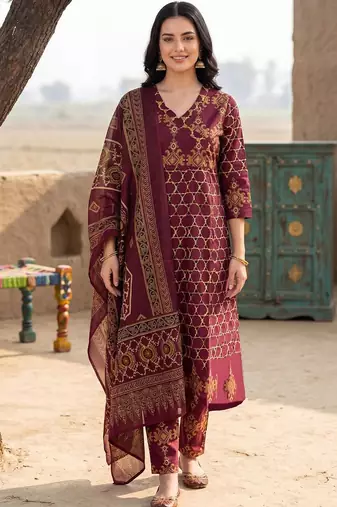 Women Ethnic Motifs Printed Regular Pure Cotton Kurta with Trousers & With Dupatta