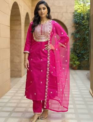 Women Ethnic Motifs Embroidered Regular Thread Work Kurta with Trousers & With Dupatta 1